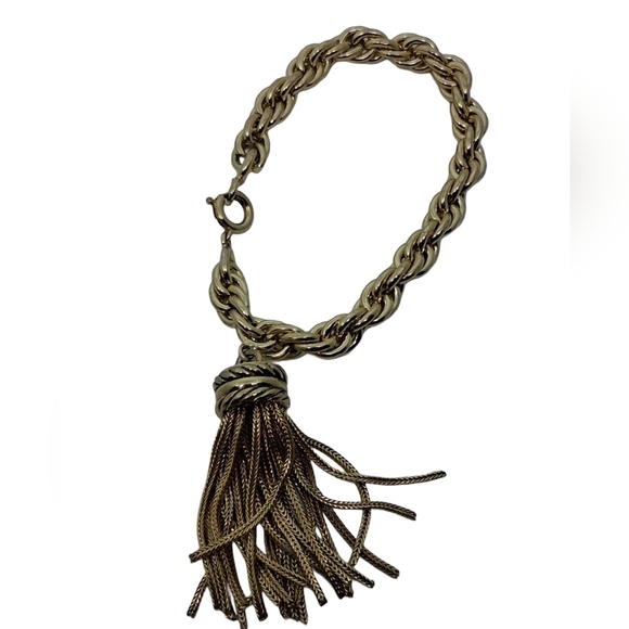 Vintage Chunky Gold Rope Chain Tassel Charm Bracelet - Picture 4 of 6